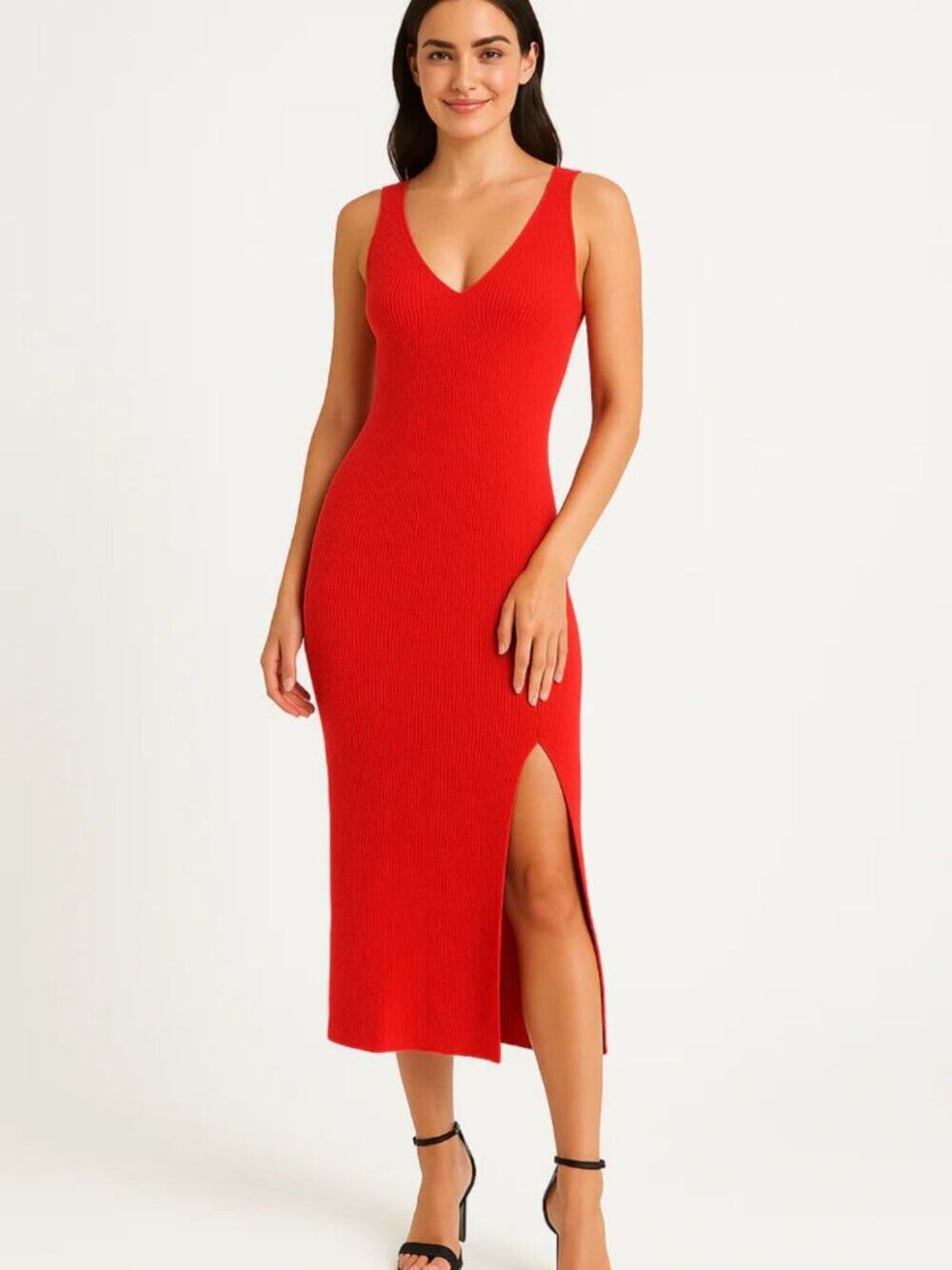 VICI Ribbed Side Split Midi Dress Coral Orange Women's - Size Large
